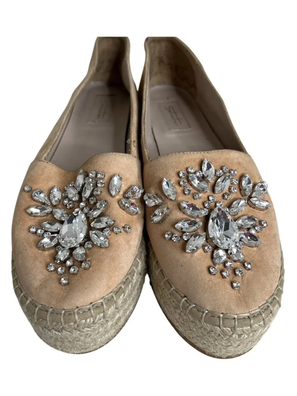 Sebastian Beige Suede Platform Espadrilles W/ Rhinestone Embellishments Size 6.5